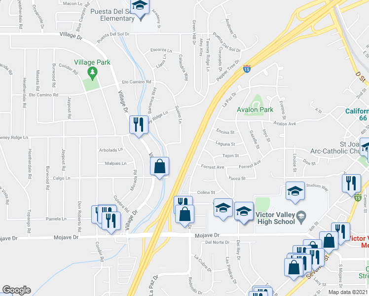map of restaurants, bars, coffee shops, grocery stores, and more near 15643 Sueno Lane in Victorville