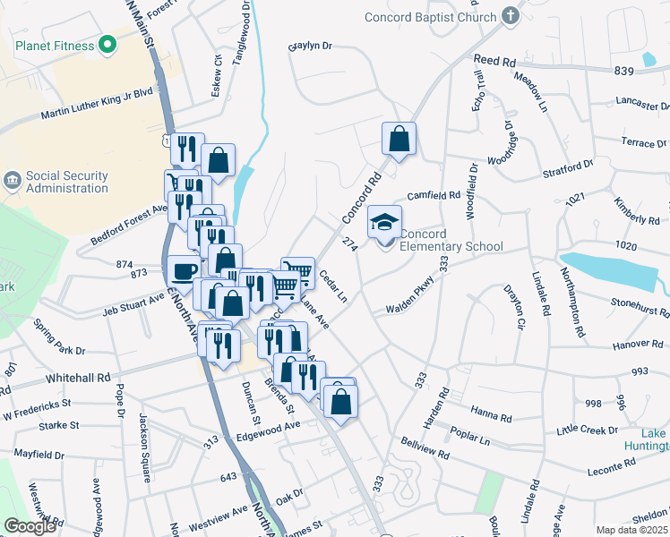 map of restaurants, bars, coffee shops, grocery stores, and more near 2711 Cedar Lane in Anderson