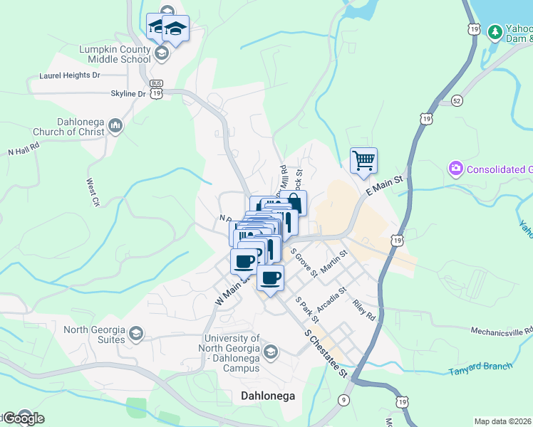 map of restaurants, bars, coffee shops, grocery stores, and more near 0 Wimpy Mill Road in Dahlonega