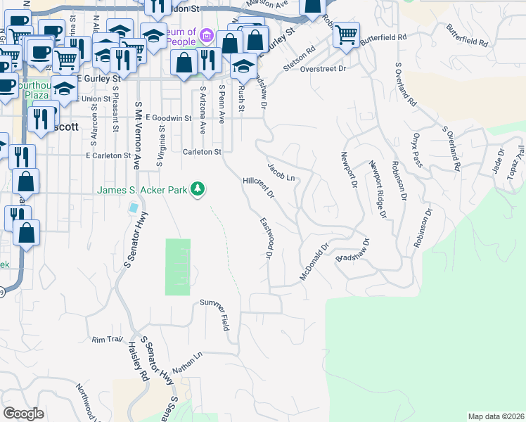 map of restaurants, bars, coffee shops, grocery stores, and more near 535 Eastwood Drive in Prescott