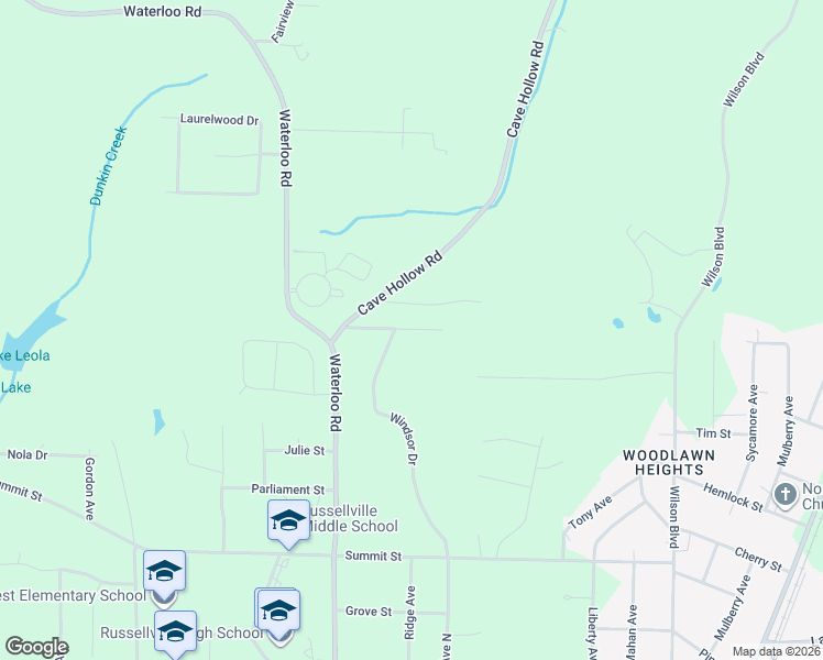 map of restaurants, bars, coffee shops, grocery stores, and more near 170 Abbey Lane in Russellville