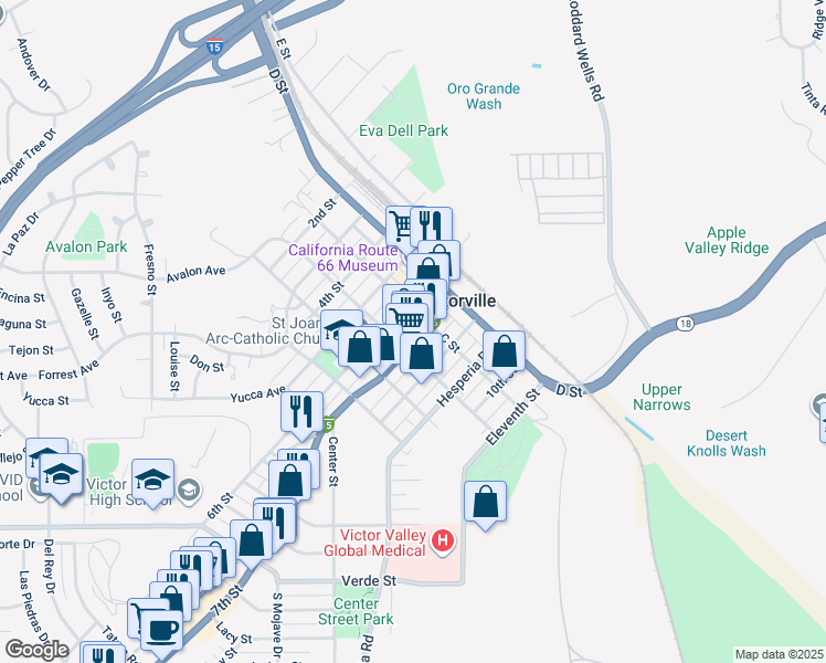 map of restaurants, bars, coffee shops, grocery stores, and more near 16924 B Street in Victorville