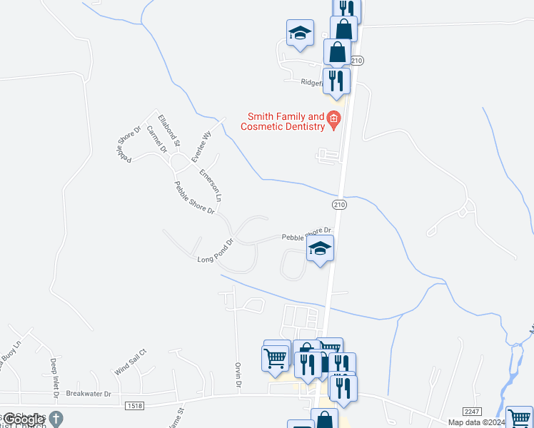 map of restaurants, bars, coffee shops, grocery stores, and more near 104 Long Pond Drive in Sneads Ferry