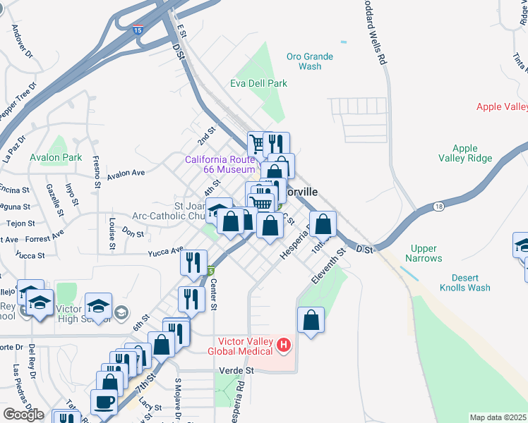 map of restaurants, bars, coffee shops, grocery stores, and more near 15572 7th Street in Victorville