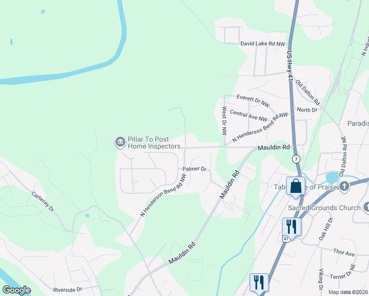 map of restaurants, bars, coffee shops, grocery stores, and more near 431 North Henderson Bend Road Northwest in Calhoun