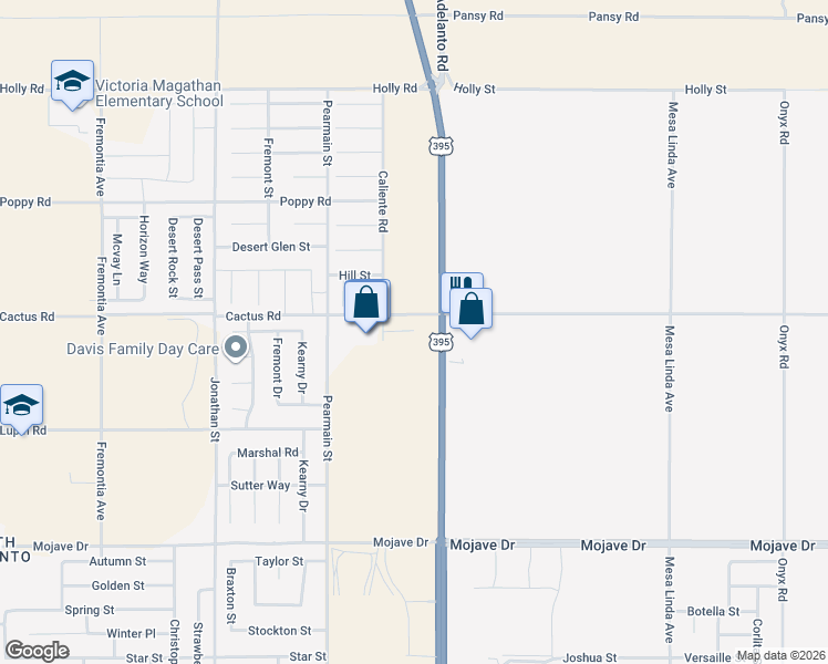 map of restaurants, bars, coffee shops, grocery stores, and more near Cactus Road in Adelanto