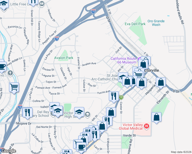 map of restaurants, bars, coffee shops, grocery stores, and more near Forrest Avenue in Victorville