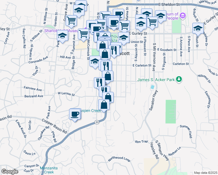 map of restaurants, bars, coffee shops, grocery stores, and more near 401 South Montezuma Street in Prescott