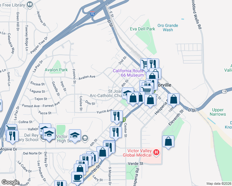 map of restaurants, bars, coffee shops, grocery stores, and more near in Victorville