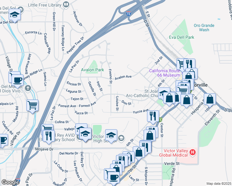 map of restaurants, bars, coffee shops, grocery stores, and more near 15699 Fresno Street in Victorville