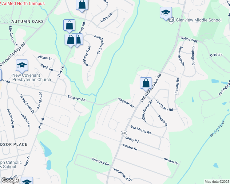 map of restaurants, bars, coffee shops, grocery stores, and more near 701 Simpson Road in Anderson