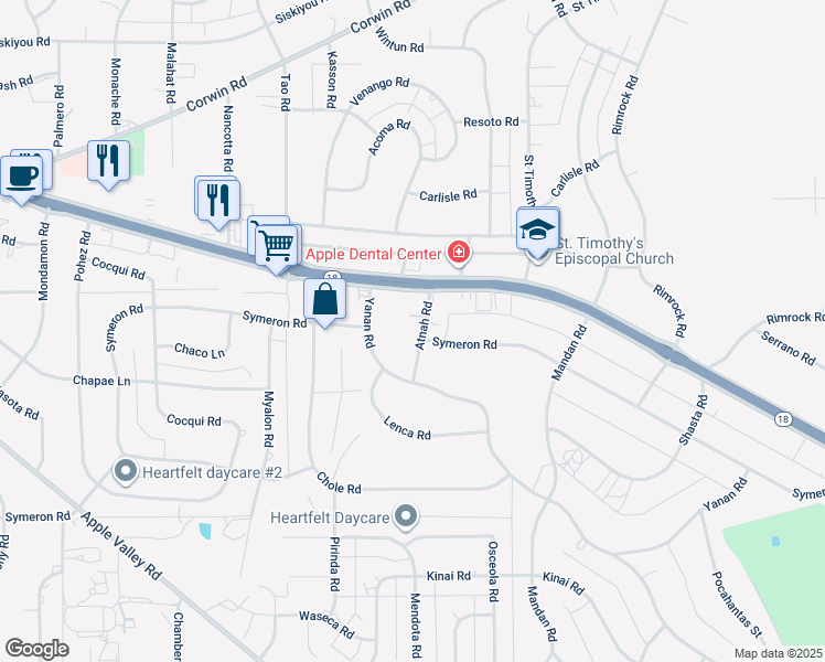 map of restaurants, bars, coffee shops, grocery stores, and more near 15626 Atnah Road in Apple Valley