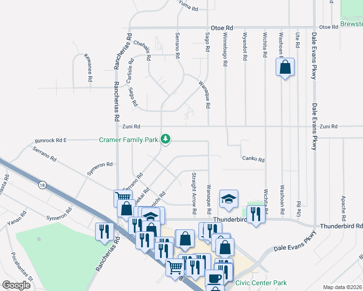 map of restaurants, bars, coffee shops, grocery stores, and more near Rimrock Road in Apple Valley