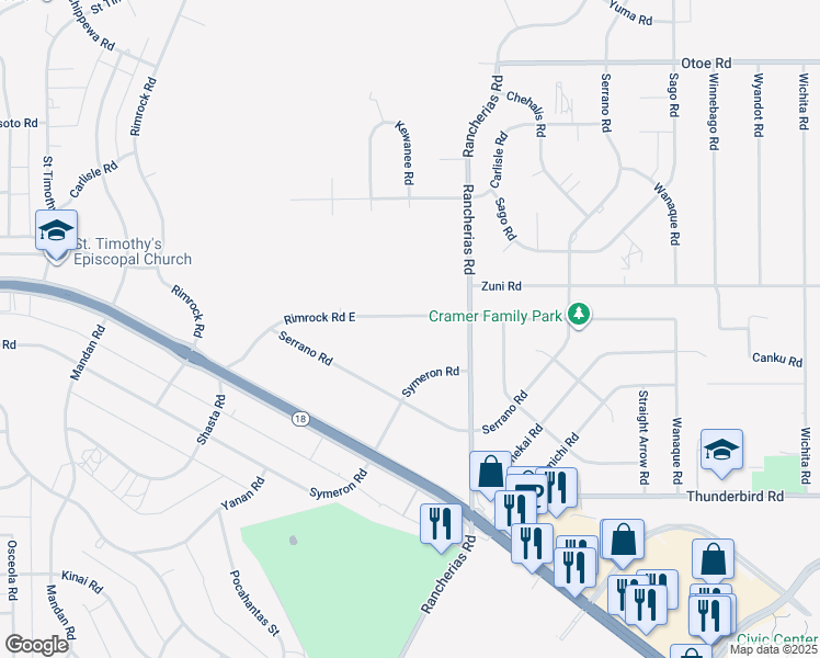 map of restaurants, bars, coffee shops, grocery stores, and more near 19993 Rimrock Road East in Apple Valley
