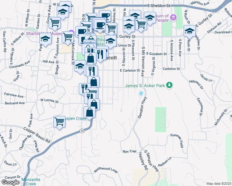 map of restaurants, bars, coffee shops, grocery stores, and more near 203 East Aubrey Street in Prescott