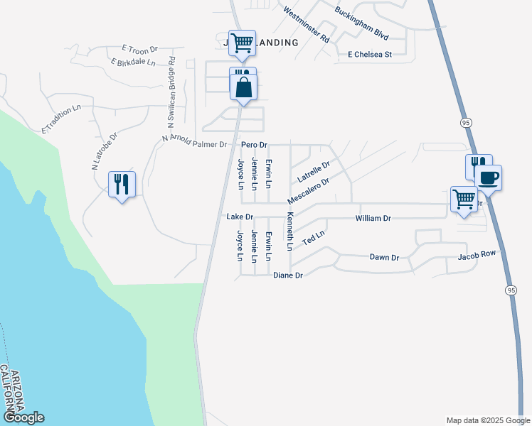 map of restaurants, bars, coffee shops, grocery stores, and more near 3128 Erwin Lane in Lake Havasu City