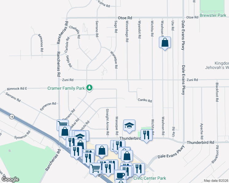 map of restaurants, bars, coffee shops, grocery stores, and more near 20472 Rimrock Road East in Apple Valley