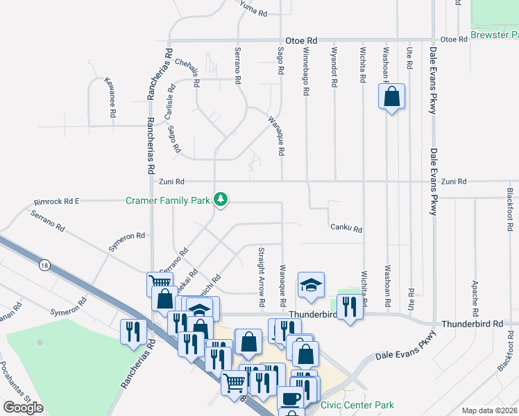 map of restaurants, bars, coffee shops, grocery stores, and more near 20410 Rimrock Road East in Apple Valley