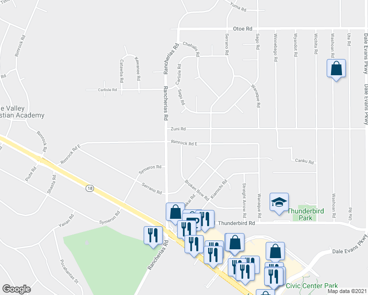map of restaurants, bars, coffee shops, grocery stores, and more near 20204 Rimrock Road East in Apple Valley