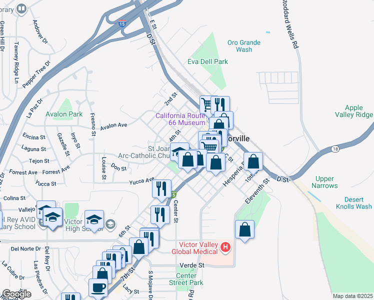 map of restaurants, bars, coffee shops, grocery stores, and more near 15538 5th Street in Victorville
