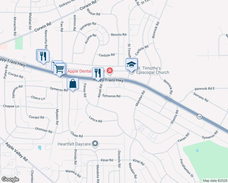 map of restaurants, bars, coffee shops, grocery stores, and more near 19227 California 18 in Apple Valley