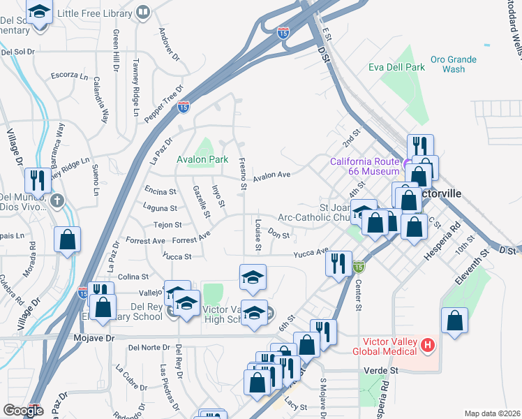 map of restaurants, bars, coffee shops, grocery stores, and more near 16604 Forrest Avenue in Victorville