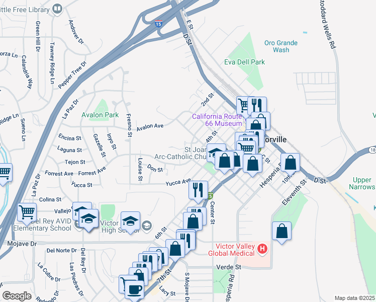 map of restaurants, bars, coffee shops, grocery stores, and more near 16694 Allen Street in Victorville