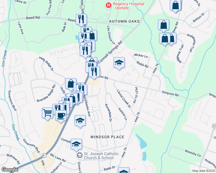 map of restaurants, bars, coffee shops, grocery stores, and more near 2510 Annandale Drive in Anderson