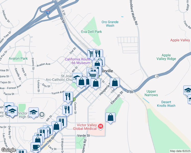 map of restaurants, bars, coffee shops, grocery stores, and more near 15618 Seventh Street in Victorville