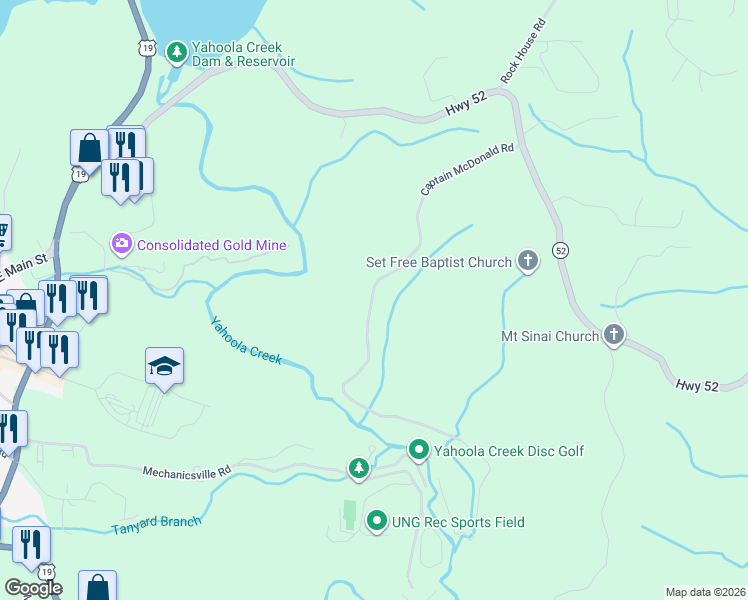 map of restaurants, bars, coffee shops, grocery stores, and more near 144 Captain McDonald Road in Dahlonega