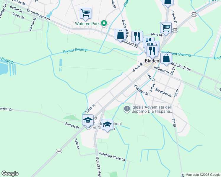 map of restaurants, bars, coffee shops, grocery stores, and more near 435 South Ash Street in Bladenboro