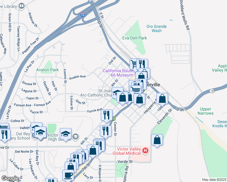 map of restaurants, bars, coffee shops, grocery stores, and more near A Street in Victorville