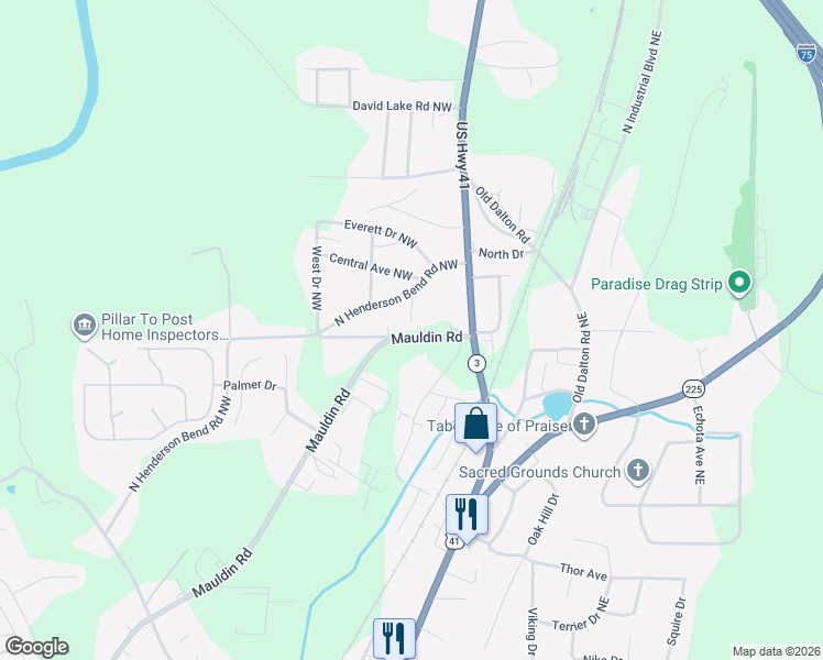 map of restaurants, bars, coffee shops, grocery stores, and more near 133 Colony Drive Northwest in Calhoun