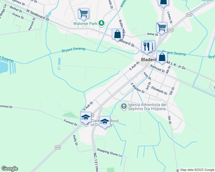 map of restaurants, bars, coffee shops, grocery stores, and more near 435 South Ash Street in Bladenboro