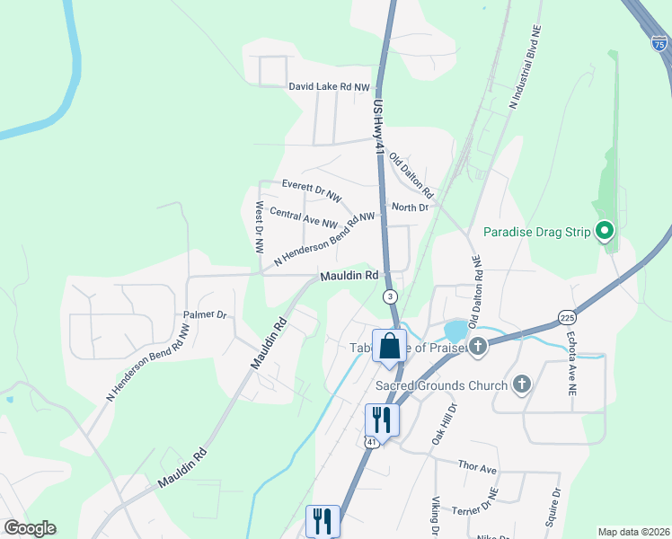 map of restaurants, bars, coffee shops, grocery stores, and more near 133 Colony Drive Northwest in Calhoun
