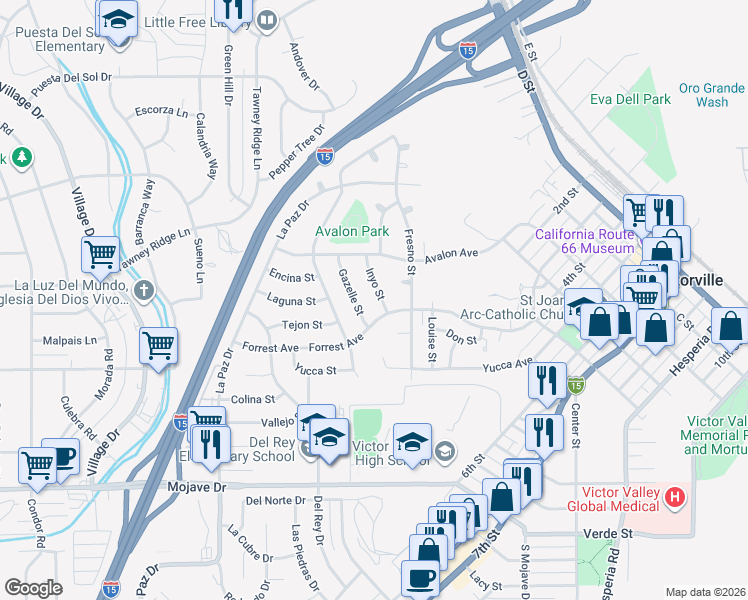 map of restaurants, bars, coffee shops, grocery stores, and more near 15668 Inyo Street in Victorville