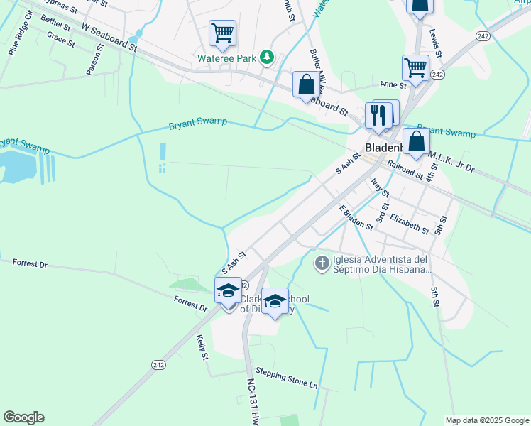 map of restaurants, bars, coffee shops, grocery stores, and more near 503 South Ash Street in Bladenboro