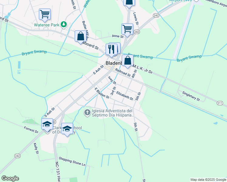 map of restaurants, bars, coffee shops, grocery stores, and more near 3rd Street in Bladenboro