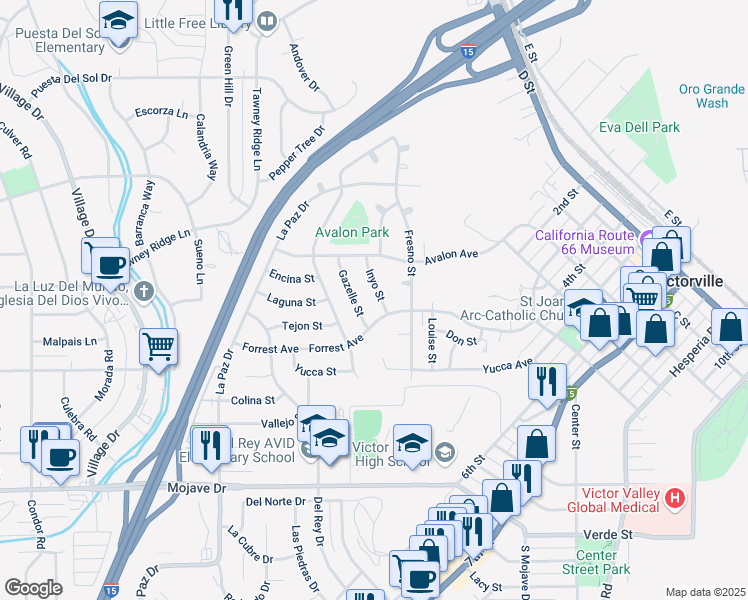 map of restaurants, bars, coffee shops, grocery stores, and more near 15668 Inyo Street in Victorville