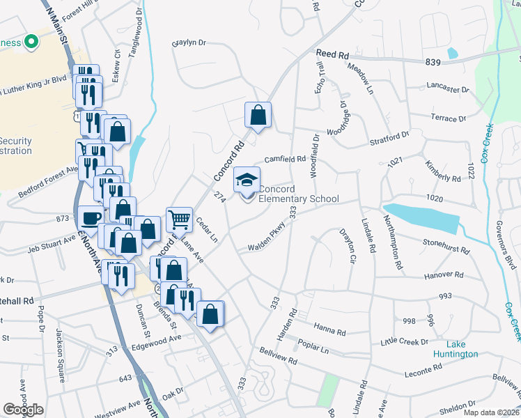 map of restaurants, bars, coffee shops, grocery stores, and more near 2701 Calrossie Road in Anderson