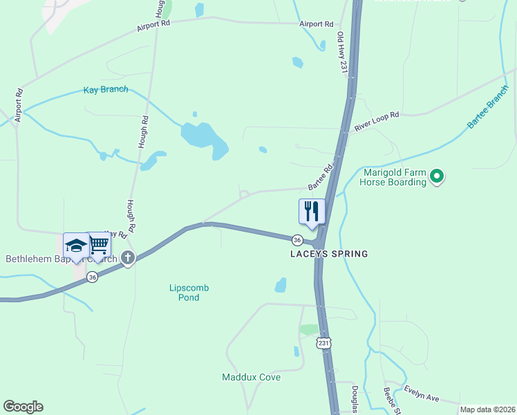 map of restaurants, bars, coffee shops, grocery stores, and more near 96 Bartee Road in Laceys Spring