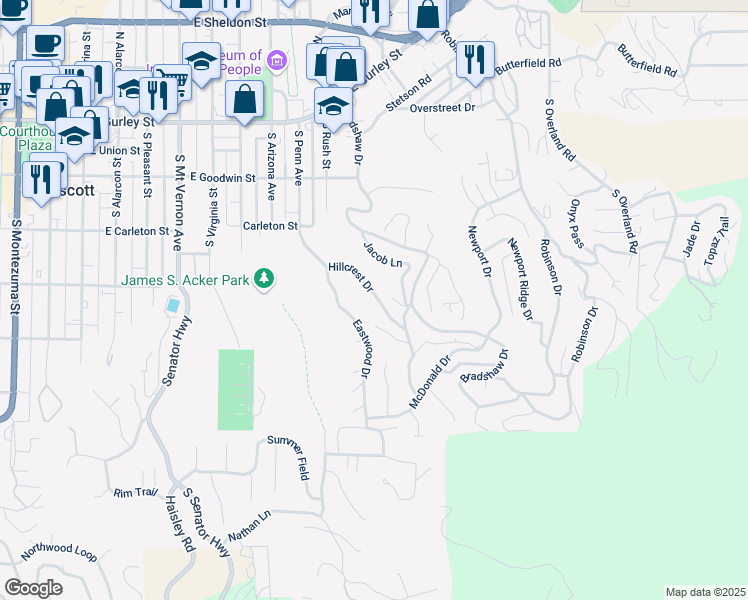 map of restaurants, bars, coffee shops, grocery stores, and more near 470 Hillcrest Drive in Prescott