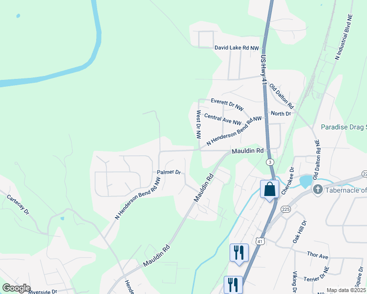 map of restaurants, bars, coffee shops, grocery stores, and more near 345 North Henderson Bend Road Northwest in Calhoun