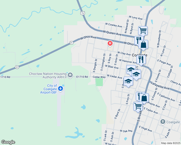 map of restaurants, bars, coffee shops, grocery stores, and more near 703 West Cedar Avenue in Coalgate