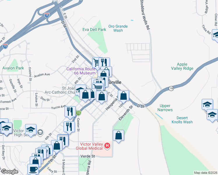 map of restaurants, bars, coffee shops, grocery stores, and more near 15625 7th Street in Victorville
