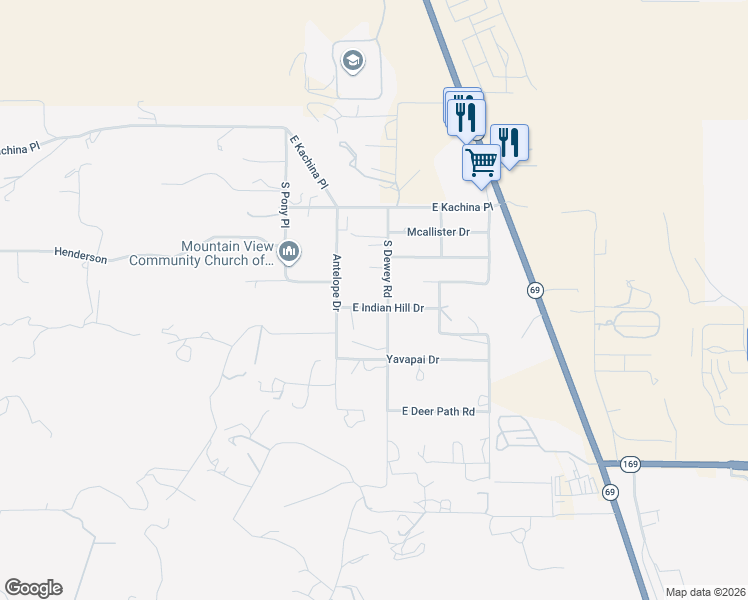 map of restaurants, bars, coffee shops, grocery stores, and more near 12130 East Indian Hill Drive in Dewey-Humboldt