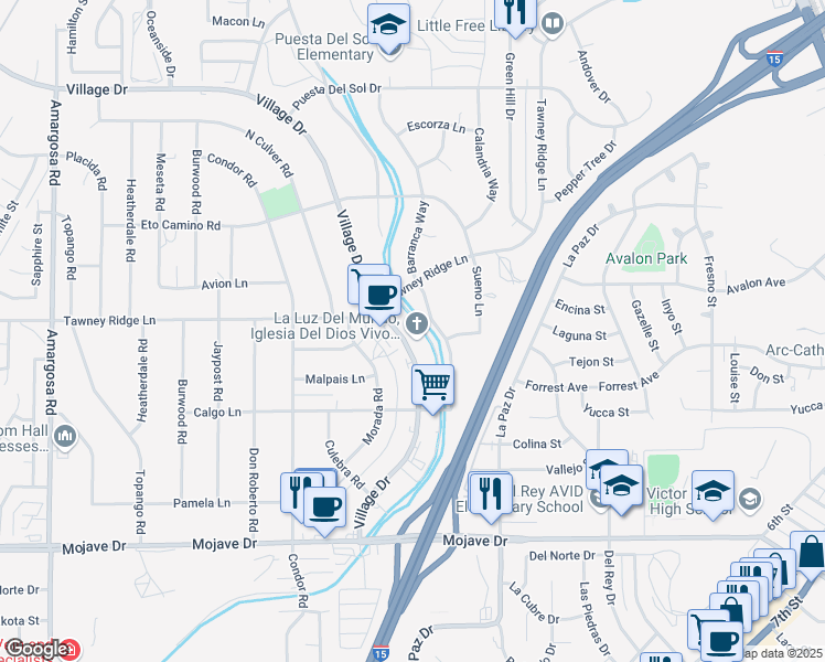map of restaurants, bars, coffee shops, grocery stores, and more near 15663 Village Drive in Victorville