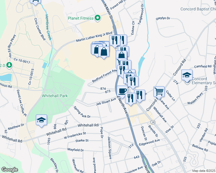 map of restaurants, bars, coffee shops, grocery stores, and more near 204 Beauregard Avenue in Anderson
