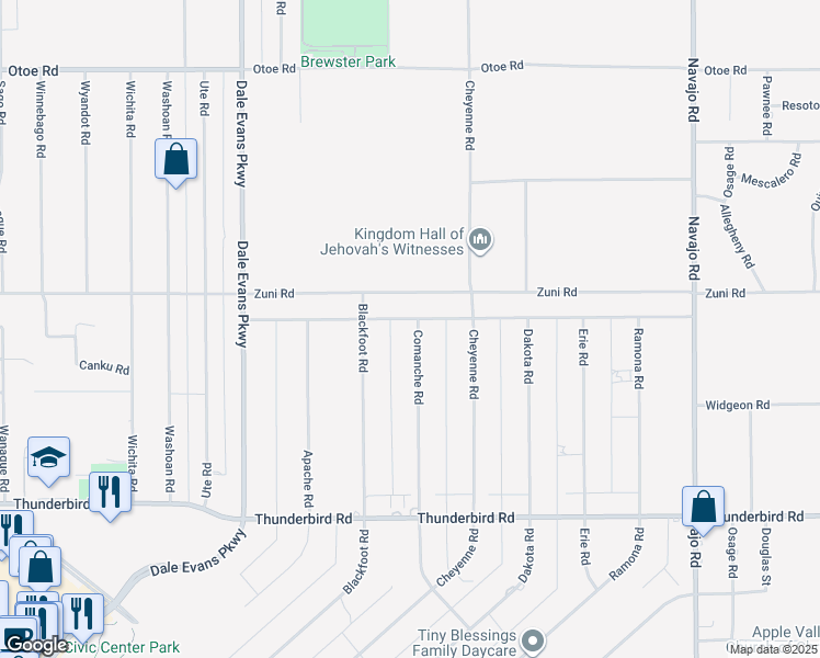 map of restaurants, bars, coffee shops, grocery stores, and more near 15640 Comanche Road in Apple Valley