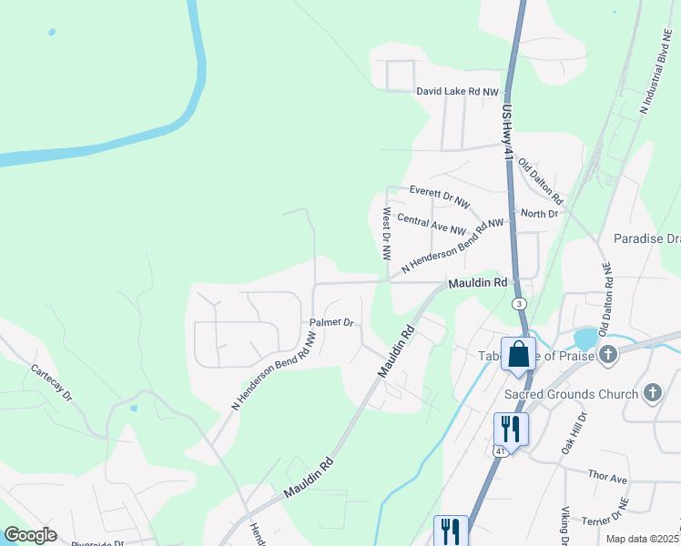 map of restaurants, bars, coffee shops, grocery stores, and more near 367 North Henderson Bend Road Northwest in Calhoun